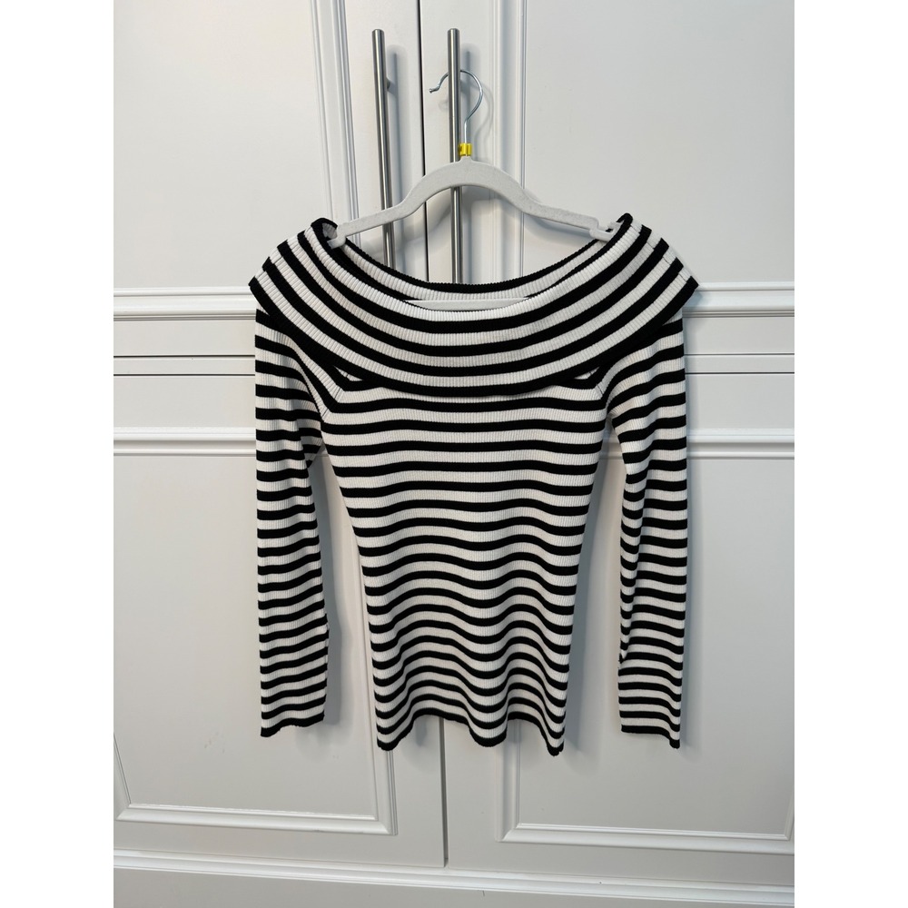 Milly Striped Sweater Womens M Black White Excellent Off The Shoulder Ribbed